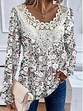 economico Maglie lunghe-Tunic da donna camicia blusa moda floreale stampa pizzo manica lunga regolare tops a V casual festa nera bianca gialla rosa rossa primavera e autunno