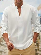 cheap Vacation-Men&#039;s Shirt Linen Shirt Cotton Linen Shirt White Cotton Shirt Chinese Collar Shirt Mandarin Collar Shirt Plain Vacation Casual White Long Sleeve V Neck Spring &amp;  Fall Clothing Apparel