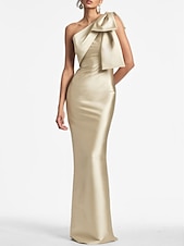 preiswerte SCHWARZ-Meerjungfrau Abendkleid Elegantes Kleid Formeller Hochzeitsgast Knöchellang Ärmellos Eine Schulter Satin mit Schleife(n) Schlitz Maskeradenkleid 2025