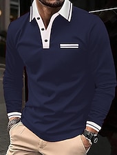 preiswerte Klassisches Poloshirt für Herren-Herren Poloshirt Polos mit Knöpfen Casual Sport Kargen Langarm Modisch Basic Farbblock Taste Tasche Frühling &amp; Herbst Regular Fit Marineblau Wein Dunkelgrau Hellgrau Poloshirt