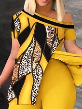 abordables Ensembles deux pièces-Femme Mode Chemise Ensembles de pantalons Pantalon Manche Courte Une Epaule Léopard Imprimer Casual Quotidien Jaune Rouge Bleu Printemps été Standard