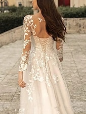 preiswerte Luxuriöse Hochzeitskleider-Strandhochzeit Strand Formal Hochzeitskleider A-Linie V-Ausschnitt Langarm Sweep  Brush Train Spitze Brautkleider mit Blume Einfarbig 2025