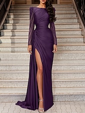 cheap PURPLE-Mermaid Evening Gown Elegant Dress Wedding Guest Black Tie Sweep / Brush Train Long Sleeve Jewel Neck Satin with Ruched Slit Masquerade Dress