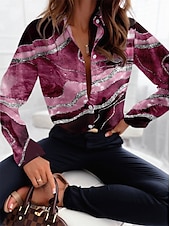 voordelige Vrouwen&#039;s Kunst &amp; Design Tops-Dames Shirt Mode Abstract Knopen Print Lange Mouw Regular Tops Shirtkraag Casual Roze Blauw Bruin Groen Grijs Lente  Herfst