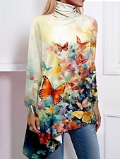 ieftine tricou floral-Tricou de femei fashion imprimeu cu fluturi fustă asimetrică cu mânecă lungă tops lungi guler înalt casual galben roz albastru primăvară și toamnă