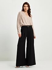 billige Bluser og skjorter-langermet bluse for kvinner uformell essensiell arbeidstop satengbeige v-hals imitert omslagsbluse