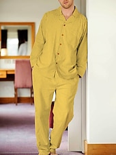 billige Pyjamas-Herre lounge Nattøy Pyjamas Sett Pyjamas topp og bukse 2 deler Ruter Stripe Stilfull Fritid Komfort Hjem Daglig Bomull Komfort Knaphul Langermet Skjorte Bukse Snorer Elastisk midje Vår Høst Hvit Gul
