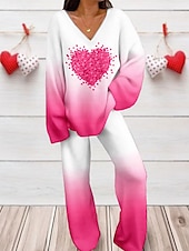 billiga grafiska sovkläder-Valentin Kvinnors Loungewear Set 2 Delar Hjärta Mode Komfort Mjuk Hem Daglig Spandex Andningsbar V-Dra Lång Ärmar T shirt Tee Byxor Sommar Vår Hem Kläder