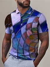 cheap Men&#039;s Geometric Polo-Men&#039;s Graphic Polo Shirts Golf Shirt Short Sleeve Polo Shirts Collared Shirts Casual Vacation Wear Rave Wear Party Outfits Buttons 3D Print Spring &amp; Summer Pink Purple Green