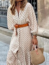 tanie Sukienki kwiatowe-Damskie Sukienka midi Codzienne sukienki Sukienki w stylu boho Bohema Moda miejska Linia A Urlop Ulica Święto Luźna Kwiaty Długi rękaw W serek Khaki Lato Wiosna