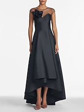 abordables Longueur de cheville-Robe de mariage invitée en A élégante robe de mariage invitée fête de mariage asymétrique sans manches décolleté en bijou satin avec fleur d&#039;épaule