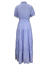 abordables Robes-chemises-robe chemise femme robe décontractée rayure lacets volants col chemise robe longue robe maxi vacances manches courtes été printemps