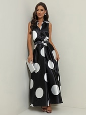 ieftine Rochii Business-Pentru femei Rochie Maxi lungă Rochii Tip Cămașă Rochie din satin Epocă Vacanță Fit regulat Buline Fără manșon Guler Cămașă Negru Alb Trifoi Vară Primăvară