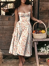 preiswerte Lässige Blumenkleider-Damen abendkleider Cocktailkleid Kleid für Hochzeitsgäste Rüschen Rückenfrei Spaghetti-Träger Ärmellos Blumen Midikleid kleid hochzeitsgast Cocktailparty Elegant Rote Blau Sommer Frühling