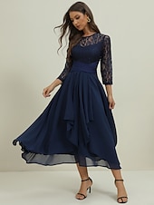abordables Robe de cocktail-Femme Robe dentelle Robe de bal robe soirée Mousseline de soie Dentelle Patchwork Col Ras du Cou Manches 3/4 Robe mi-longue Formel robe hiver bleu marine Printemps Hiver
