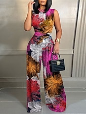 olcso nyaralás jumpsuit-Női Szabályos Jumpsuitek Utcai sikk Virágos Ujjatlan Terített nyak Magas derék Nyomtatott Utca Napi Normál Fekete Sárga Arcpír rózsaszín Nyár