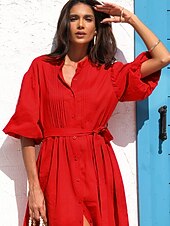cheap Casual Dress-Women&#039;s Linen Cotton Shirt Maxi Dress Red Casual Collared Button-Down Loose Fit Puff Sleeve Belted