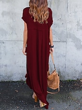 preiswerte T Shirt-Kleider-Damen Casual kleid kleid lang Baumwolle Tasche Gespleisst Verabredung Maxi Basic V Ausschnitt Kurzarm Schwarz Weiß Rosa Farbe