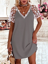 levne Flitrové šaty-dámské valentýnské krajkové šaty minišaty bavlněná krajka patchwork rande streetwear basic ve výstřih krátký rukáv bílá růžová šedá barva