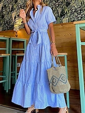 abordables Robes-chemises-robe chemise femme robe décontractée rayure lacets volants col chemise robe longue robe maxi vacances manches courtes été printemps