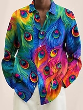 cheap Geometric Pattern-Men&#039;s Color Block Geometric Pattern Feathers Shirt Button Up Shirt Long Sleeve Hawaiian Artistic Vacation Casual Daily Weekend Spring &amp; Summer Turndown Print Button-Down Blue Purple Green