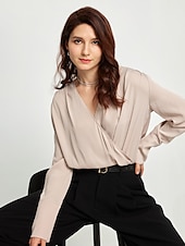 billige Bluser og skjorter-langermet bluse for kvinner uformell essensiell arbeidstop satengbeige v-hals imitert omslagsbluse