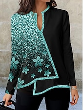 economico Top Floreali-Blusa da Donna Moda Stampa Floreale Orlo Asimmetrico Manica Lunga Regular Collo a V Casual Vacanza Nera Argento Rosa Blu Verde Autunno e Inverno
