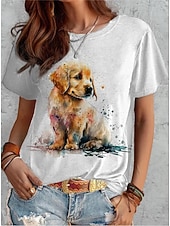 Women's T Shirt Fashion Funny Dog Print Short Sleeve Regular Tops Round Neck Daily Weekend White Yellow Blue Brown Gray Spring & Summer 10