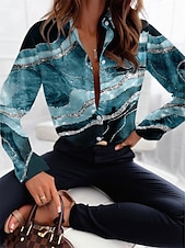voordelige Vrouwen&#039;s Kunst &amp; Design Tops-Dames Shirt Mode Abstract Knopen Print Lange Mouw Regular Tops Shirtkraag Casual Roze Blauw Bruin Groen Grijs Lente  Herfst