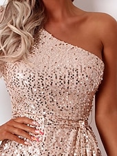 tanie Sukienki z cekinami-Damskie Sukienka mini Cekinowa sukienka Sukienka na imprezę Sukienka koktajlowa Sukienka dla gościa weselnego Impreza Zimowe ubranie Urlop Walentynki Regularny Równina Długi rękaw Na jedno ramię