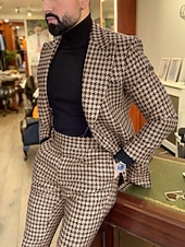 お買い得  セミフォーマルスーツ-男性用 ツイードスーツ 結婚式 ブラック ブラウン 春、夏、秋、冬 スーツ ピークドラペル 市松 テイラーフィット 2点セット シングルブレスト 一つボタン