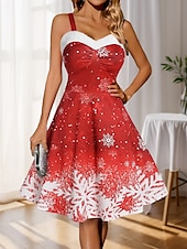 preiswerte Weihnachtskleider-Damen Polyester Winterkleid Unterkleid Schneeflockendruck Träger Midikleid Party Date Ärmellos Herbst Winter