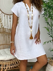 economico disegnare abiti in cotone e lino-Per donna Mini Abito Abiti ispirati al lino Abito Bianco Abito Camicia Vestito Casual Essenziale Streetwear Data Vestibilità regolare Manica Corta Collo a Spacco Bianco Giallo Rosa Arancione Estate