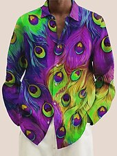 cheap Geometric Pattern-Men&#039;s Color Block Geometric Pattern Feathers Shirt Button Up Shirt Long Sleeve Hawaiian Artistic Vacation Casual Daily Weekend Spring &amp; Summer Turndown Print Button-Down Blue Purple Green