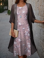 abordables Robe Fleurie-Robe de remise de diplôme pour femmes Robe midi Ensemble de robes Deux pièces Robe décontractée Robe en chiffon Robe imprimée mode moderne imprimé floral à manches courtes col rond vacances
