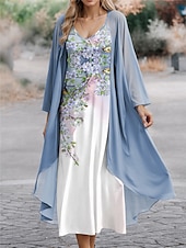 cheap Dress Sets-Women&#039;s Dress Set Casual Dress Chiffon Dress Swing Dress Fashion Streetwear Floral Geometric Print Long Dress Maxi Dress Long Sleeve V Neck Outdoor Vacation Black Blue Green Spring Regular Fit