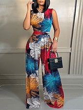 olcso nyaralás jumpsuit-Női Szabályos Jumpsuitek Utcai sikk Virágos Ujjatlan Terített nyak Magas derék Nyomtatott Utca Napi Normál Fekete Sárga Arcpír rózsaszín Nyár