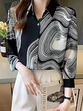 ieftine Topuri pentru femei cu dungi și geometrice-Cămașă pentru femei cu print la modă cu nasturi cu mânecă lungă bluze regolare guler casual alb-negru primăvară și toamnă