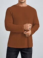 preiswerte Basic-T-Shirts-Herren Waffel-T-Shirt T Shirt Waffelstrick T-Shirt T-Shirt Langarm Rundhalsausschnitt Frühling &amp; Herbst Einfach Mode Designer Basic Strick Urlaub Straße Ausgehen Weiß Khaki Top T-Shirt für Herren