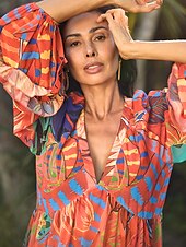 baratos vestido casual estampado-vestido maxi com estampa floral e decote em V