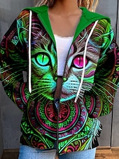 abordables Sudadera-Sudadera con capucha y cremallera para mujer, sudadera deportiva informal con estampado de gato, cordón, cremallera, ropa deportiva divertida, sudadera con capucha de manga larga, microelástica,