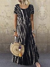 levne Tisknout květinové šaty-dámské ležérní šaty pruhovaný potisk posádka s výstřihem dlouhé šaty maxi šaty bohemia boho dovolená krátký rukáv léto