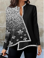 economico Top Floreali-Blusa da Donna Moda Stampa Floreale Orlo Asimmetrico Manica Lunga Regular Collo a V Casual Vacanza Nera Argento Rosa Blu Verde Autunno e Inverno