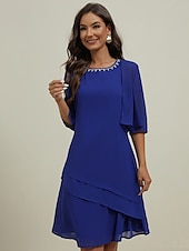 preiswerte abendkleider-Damen Kleid-Set Arbeitskleidung Kleid für Hochzeitsgäste Chiffonkleid Elegant Mode Einfach Rüsche Patchwork Minikleid Halbarm Rundhalsausschnitt Büro Hochzeitsgast Blau Sommer Frühling Normale