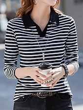 お買い得  スポーツTシャツ-女性用 ポロ Tシャツ ストライプ ファッション 長袖 シャツカラー レギュラートップス 日常 週末 プリント ブラック ルビーレッド ブルー 秋冬