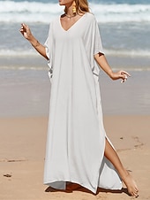 abordables Robes décontractées blanches-robe blanche Robe casual Robe d&#039;été Femme robe longue Fendu Rendez-vous Vacances Plage Maxi basique Col V Demi Manches Ample Noir Blanche Jaune Taille unique