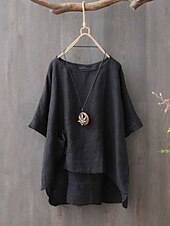 cheap Shirts-Women&#039;s Shirt Blouse Cotton Linen Shirts Plain Fashion Round Neck Casual Pocket Asymmetric Hem Army Green Red Blue Summer