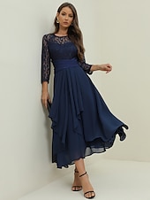 abordables Robe de cocktail-Femme Robe dentelle Robe de bal robe soirée Mousseline de soie Dentelle Patchwork Col Ras du Cou Manches 3/4 Robe mi-longue Formel robe hiver bleu marine Printemps Hiver