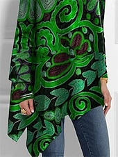 abordables T-shirt Boho-Camiseta de mujer de moda floral impresión dobladillo asimétrico de manga larga largos tops cuello alto casual vacaciones rojo azul verde primavera y otoño