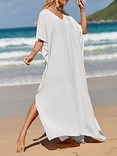 abordables Robes décontractées blanches-robe blanche Robe casual Robe d&#039;été Femme robe longue Fendu Rendez-vous Vacances Plage Maxi basique Col V Demi Manches Ample Noir Blanche Jaune Taille unique
